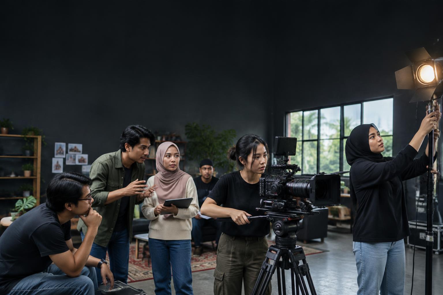 Ilustrasi belia mengendalikan kamera dan pencahayaan produksi filem