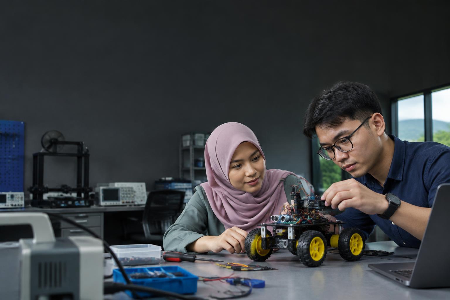 Ilustrasi jurutera muda menguji prototaip robot di makmal