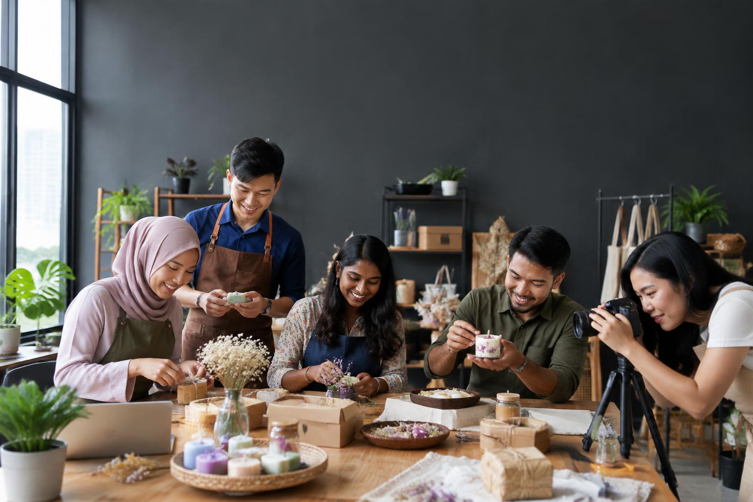 Ilustrasi usahawan pelbagai kaum menghasilkan dan memotret produk kraf